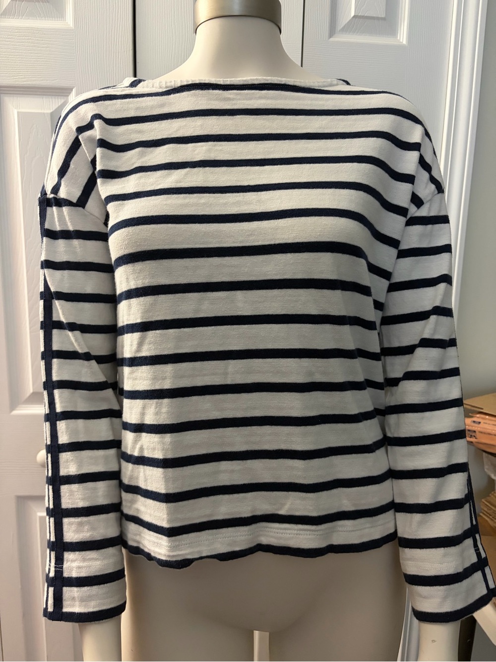 Loft Women’s Boatneck Navy Striped, Long Sleeve Shirt - small petite